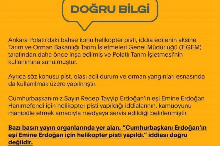 ’Emine Erdoğan İçin Helikopter Pisti Yapıldı’ İddiaları Doğru Değildir